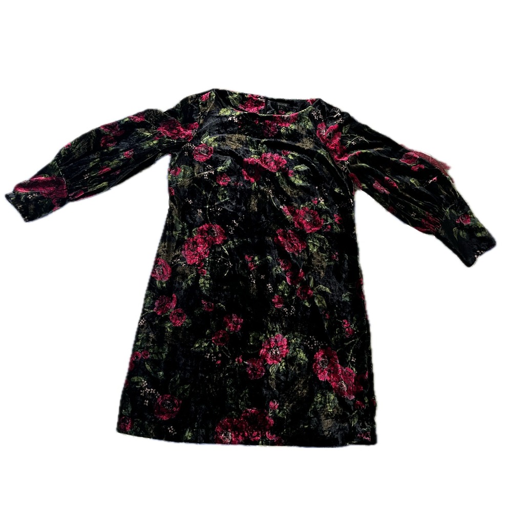 Ann Taylor Velvet Floral Long Sleeve Dress Size 8 Black Red Green
